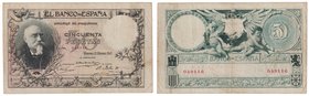 Banco de España
50 Pesetas. 19 marzo 1905. Sin serie. José Echegaray. ED.312. Buen ejemplar. Raro. MBC.