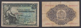 Banco de España
25 Pesetas. 24 septiembre 1906. Serie A. Levemente reparado. ED.314a. (BC+/BC-).