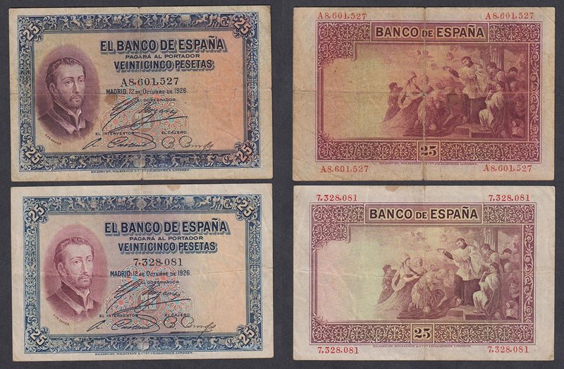 Banco de España
25 Pesetas. 12 octubre 1926. Lote de 2 billetes. Sin serie y se...