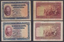Banco de España
25 Pesetas. 12 octubre 1926. Lote de 2 billetes. Sin serie y serie A. ED.325/a. MBC a BC-.