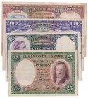 Guerra Civil-Zona Republicana, Banco de España
25 abril 1931. Sin serie. Lote de 4 billetes. 25, 50, 100 y 500 Pesetas. ED.358/361. MBC.