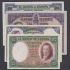 Guerra Civil-Zona Republicana, Banco de España
Lote de 4 billetes. 25 y 50 Pesetas 1931, 100 Pesetas 1925 y 1928 (agujerito). EBC a MBC.