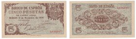 Estado Español, Banco de España
5 Pesetas. Burgos, 21 noviembre 1936. Sin serie. ED.417. Magnífico ejemplar. Muy raro así. EBC+.
