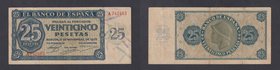 Estado Español, Banco de España
25 Pesetas. Burgos, 21 noviembre 1936. Serie A. Doblado en ocho partes. ED.419. MBC-/BC+.