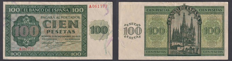 Estado Español, Banco de España
100 Pesetas. Burgos, 21 noviembre 1936. Serie A...