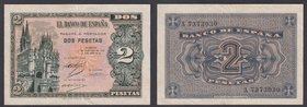 Estado Español, Banco de España
2 Pesetas. Burgos, 12 octubre 1937. Serie A. ED.426. Muy escaso. MBC+.