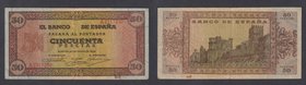 Estado Español, Banco de España
50 Pesetas. Burgos, 20 mayo 1938. Serie A. Doblado en ocho partes y levemente reparado. ED.430. (BC).