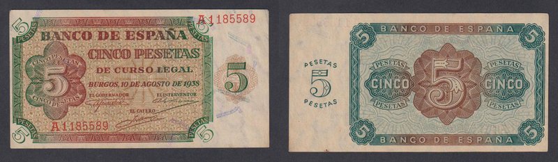 Estado Español, Banco de España
5 Pesetas. Burgos, 10 agosto 1938. Serie A. Rep...