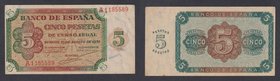 Estado Español, Banco de España
5 Pesetas. Burgos, 10 agosto 1938. Serie A. Reparado. ED.435. (EBC-).