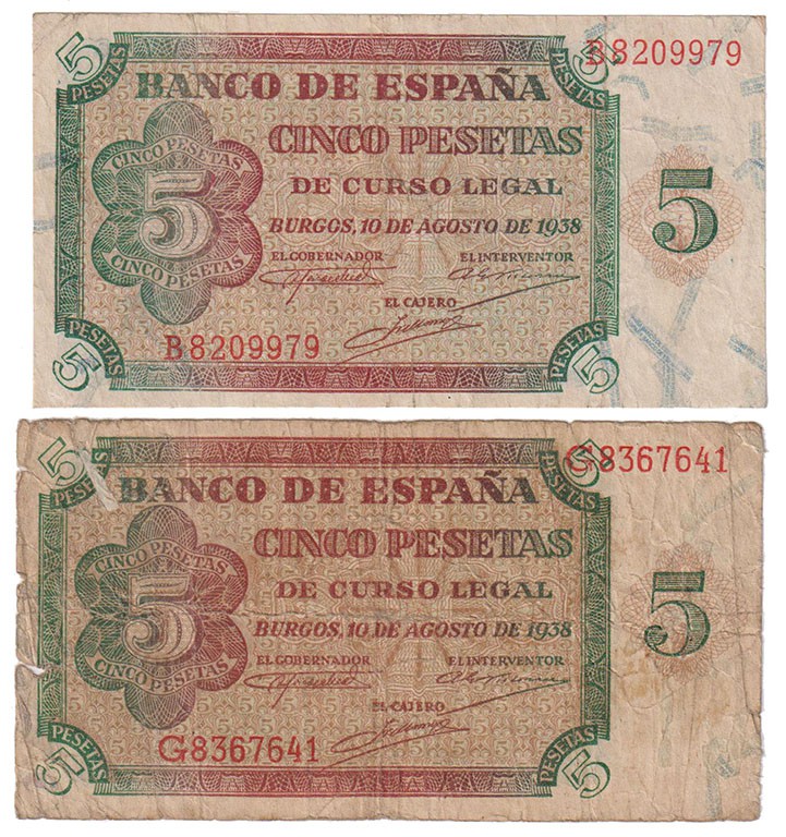 Estado Español, Banco de España
5 Pesetas. Burgos, 10 agosto 1938. Lote de 2 bi...