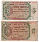 Estado Español, Banco de España
5 Pesetas. Burgos, 10 agosto 1938. Lote de 2 billetes. Serie B y G. ED.435a. Uno de ellos ligeramente recortado. (BC+...