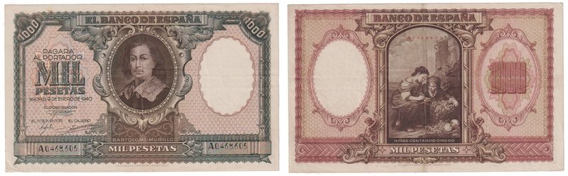 Estado Español, Banco de España
1000 Pesetas. 9 enero 1940. Serie A. ED.440. Do...