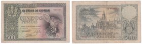 Estado Español, Banco de España
500 Pesetas. 21 octubre 1940. Sin serie. ED.444. Ligeramente reparado. (MBC-).