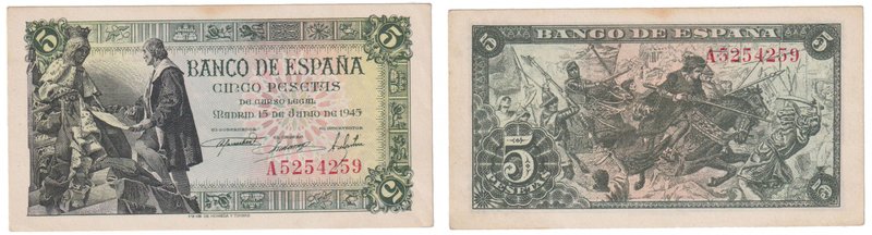 Estado Español, Banco de España
5 Pesetas. 15 junio 1945. Serie A. ED.449a. Man...