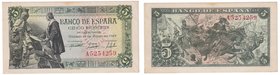 Estado Español, Banco de España
5 Pesetas. 15 junio 1945. Serie A. ED.449a. Manchita del tiempo en margen. EBC.