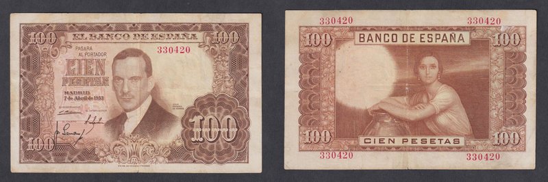 Estado Español, Banco de España
100 Pesetas. 7 abril 1953. Sin serie. Lavado y ...