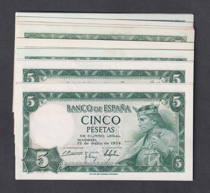 Estado Español, Banco de España
5 Pesetas. 22 julio 1954. Serie Series. Lote de...