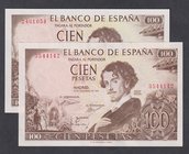 Estado Español, Banco de España
100 Pesetas. 19 noviembre 1965. Sin serie. Lote de 2 billetes. ED.470. SC- a EBC+.