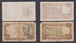 Estado Español, Banco de España
100 Pesetas. 17 noviembre 1970. Lote de 2 billetes. Reverso color verde (roturas y sucio) y falto de impresión en anv...
