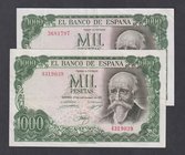 Estado Español, Banco de España
1000 Pesetas. 17 septiembre 1971. Sin serie. Lote de 2 billetes. ED.474. MBC+ a MBC-.