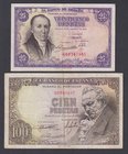 Estado Español, Banco de España
Lote de 2 billetes. 25 Pesetas (serie G) y 100 Pesetas 1946 (sin serie). MBC+ a BC-.