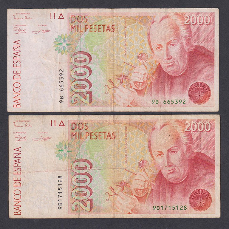 Juan Carlos I, Banco de España
2000 Pesetas. 24 abril 1992. Serie 9B. Lote de 2...