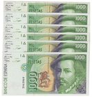 Juan Carlos I, Banco de España
1000 Pesetas. 12 octubre 1992. Sin serie. Lote de 6 billetes. Alguno correlativo. ED.483. SC a MBC-.