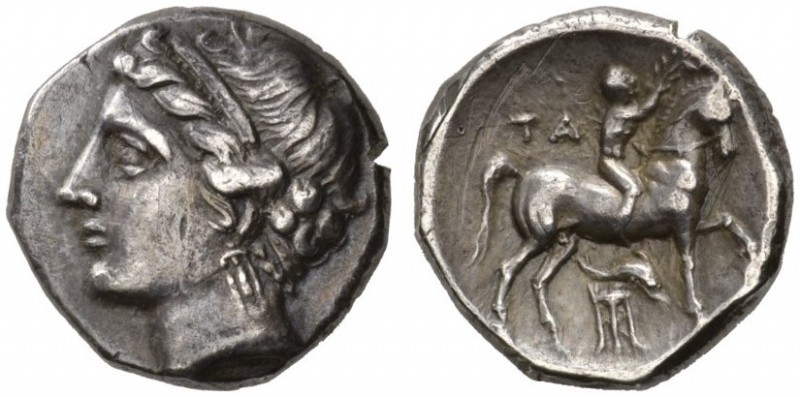 CLASSICAL COINS 
 CALABRIA 
 TARENTUM 
 Nomos, about 280-150 BC. AR 6.93 g. H...