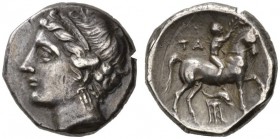 CLASSICAL COINS 
 CALABRIA 
 TARENTUM 
 Nomos, about 280-150 BC. AR 6.93 g. Head of a nymph l., wearing Sphendone and triple-pendant earring. Rev. ...