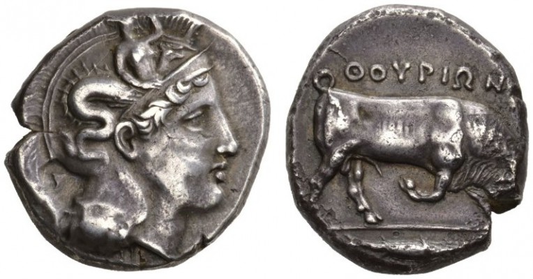 CLASSICAL COINS 
 LUCANIA 
 THURIUM 
 Dinomos, about 400 BC. AR 15.79 g. Head...