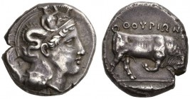 CLASSICAL COINS 
 LUCANIA 
 THURIUM 
 Dinomos, about 400 BC. AR 15.79 g. Head of Athena r., wearing crested Attic helmet decorated with Scylla; beh...