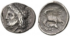 CLASSICAL COINS 
 BRUTTIUM 
 LOCRI EPIZEPHYRII 
 Nomos, about 320-280 BC. AR 7.31 g. [LOKRWN]Laureate, bearded head of Zeus l. Rev. Eagle flying l....