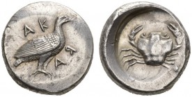 CLASSICAL COINS 
 SICILY 
 ACRAGAS 
 Didrachm, about 490-480 BC. AR 8.61 g. AK - RA eagle standing r. Rev. Crab in incuse round. SNG ANS 955. SNG M...