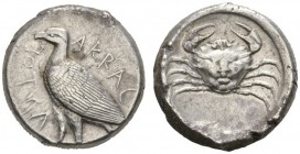 CLASSICAL COINS 
 SICILY 
 ACRAGAS 
 Tetradrachm, about 480-460 BC. AR 17.33 g. AKRAC - ANTOS (retrograde). Eagle standing l. Rev. Crab, shell in t...