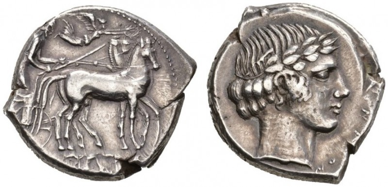 CLASSICAL COINS 
 SICILY 
 CATANE 
 Tetradrachm, about 450 BC. AR 17.32 g. Sl...