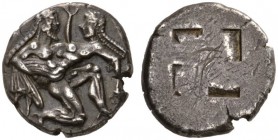 CLASSICAL COINS 
 ISLANDS OFF THRACE 
 THASOS 
 Stater, about 540-520 BC. AR 9.27 g. Nude, ithyphallic Silenos with beard and long hair, kneeling r...