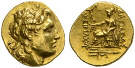 CLASSICAL COINS 
 KINGDOM OF THRACE 
 LYSIMACHUS, king 323-281 BC. Stater, gold, posthumous, Byzantion , about 220-200 BC. AV 8.50 g. Diademed head ...