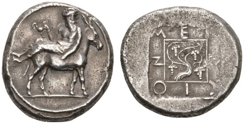 CLASSICAL COINS 
 MACEDONIA 
 MENDE 
 Tetradrachm, about 425 BC. AR 17.03 g. ...