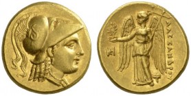 CLASSICAL COINS 
 KINGDOM OF MACEDONIA 
 Stater, gold, posthumous, Miletus , about 323-319 BC. AV 8.60 g. Head of Athena r., wearing crested Corinth...