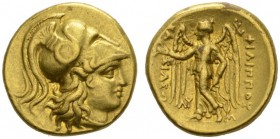 CLASSICAL COINS 
 KINGDOM OF MACEDONIA 
 PHILIP III ARRHIDAEUS, king 323-317 BC. Stater, gold, Babylon . AV 8.52 g. Head of Athena r., wearing crest...