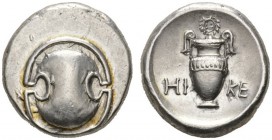 CLASSICAL COINS 
 BOEOTIA 
 THEBES 
 Stater, about 395-338 BC. AR 12.30 g. Boeotian shield. Rev. Fluted amphora, above, wreath, in field, HI - KE. ...