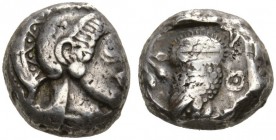 CLASSICAL COINS 
 ATTICA 
 ATHENS 
 Tetradrachm, about 480 BC. AR 16.81 g. Head of Athena r., wearing crested Attic helmet with neck-guard, disc-sh...