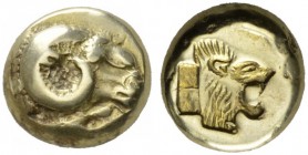 CLASSICAL COINS 
 ISLAND OF LESBOS 
 MYTILENE 
 Hecte, electrum, about 495-490 BC. EL 2.53 g. Ram's head r., below, rooster l. Rev. Lion head, incu...