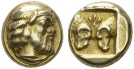 CLASSICAL COINS 
 ISLAND OF LESBOS 
 MYTILENE 
 Hecte, electrum, about 450 BC. EL 2.55 g. Head of bearded Silenus r. Rev. Two ram's heads facing ea...