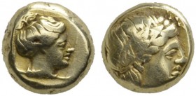 CLASSICAL COINS 
 ISLAND OF LESBOS 
 MYTILENE 
 Hecte, electrum, about 350-340 BC. EL 2.53 g. Laureate head of Apollo r. Rev. Female head (Artemis ...