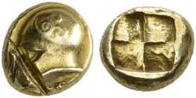 CLASSICAL COINS 
 IONIA 
 PHOCAEA 
 Hecte, electrum, about 520-515 BC. EL 3.75 g. Head of warrior l., wearing Ionian helmet with lowered cheek-guar...