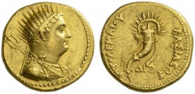 CLASSICAL COINS 
 PTOLEMAIC KINGDOM OF EGYPT 
 Mnaeion (Octadrachm in gold). AV 27.77 g. Pantheistic, radiate (Helios) bust r. of Ptolemy III, weari...
