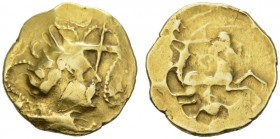 CELTIC COINS 
 GALLIA 
 NAMNETES 
 Stater, gold. AV 7.29 g. Unbearded male head r., around, strings of pearls, on the forehead X-shaped object. Rev...