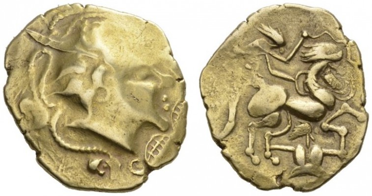 CELTIC COINS 
 GALLIA 
 NAMNETES 
 Stater, gold. AV 7.38 g. Unbearded male he...