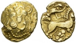 CELTIC COINS 
 GALLIA 
 NAMNETES 
 Stater, gold. AV 7.51 g. Unbearded male head r., around, strings of pearls. Rev. Biga r., driver holds reins and...